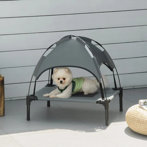 PawHut Elevated Portable Dog Cot with UV Canopy Shade, 24" Gray