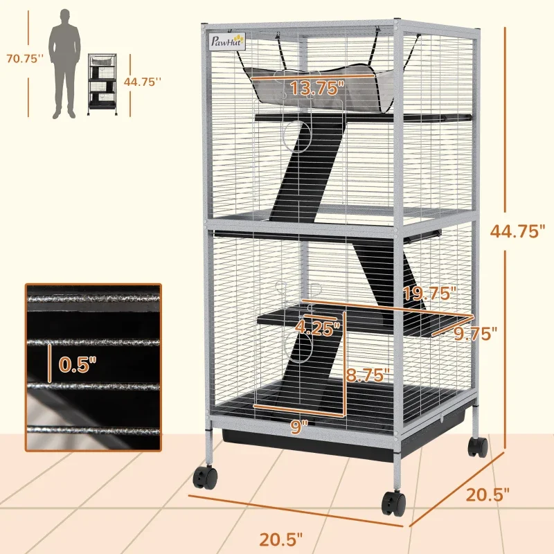 Pawhut Rolling Small Animal Cage with Hammock, Ferret Cage, Chinchilla Cage, Pet Habitat with 6 Doors, Removable Tray