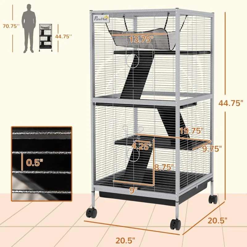 Pawhut Rolling Small Animal Cage with Hammock, Ferret Cage, Chinchilla Cage, Pet Habitat with 6 Doors, Removable Tray