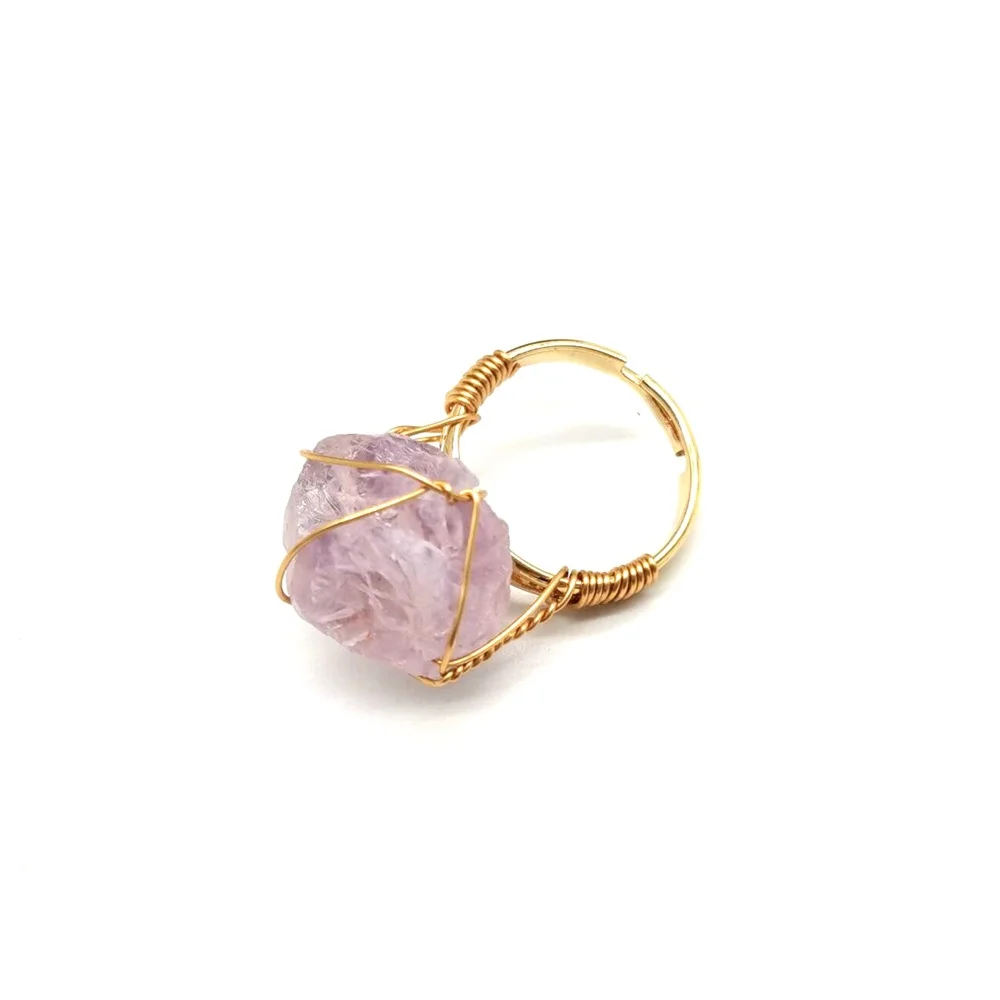 Hand‑Wrapped Rough Stone Agate Ring – Adjustable Ethnic Style with Gold‑Plated Gem Inlays