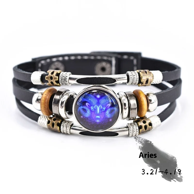 Personalized three‑layer woven beads leather bracelet – constellation pattern in zodiac colors