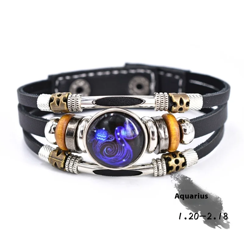 Personalized three‑layer woven beads leather bracelet – constellation pattern in zodiac colors