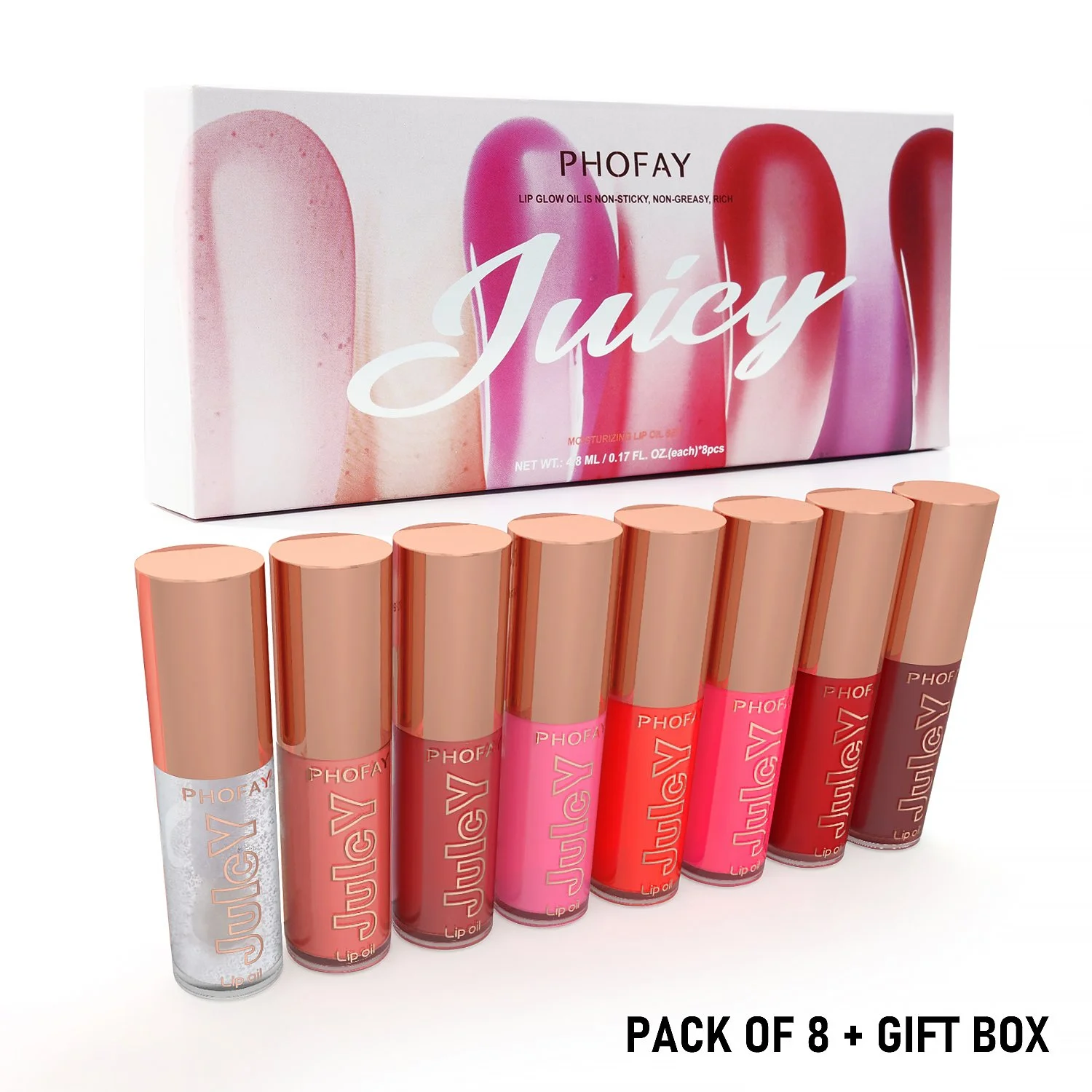 Juicy Lip Oil Set – 8 Ultra-Moisturizing 4.8 ml Bottles with Non-Sticky Doe-Foot Applicator