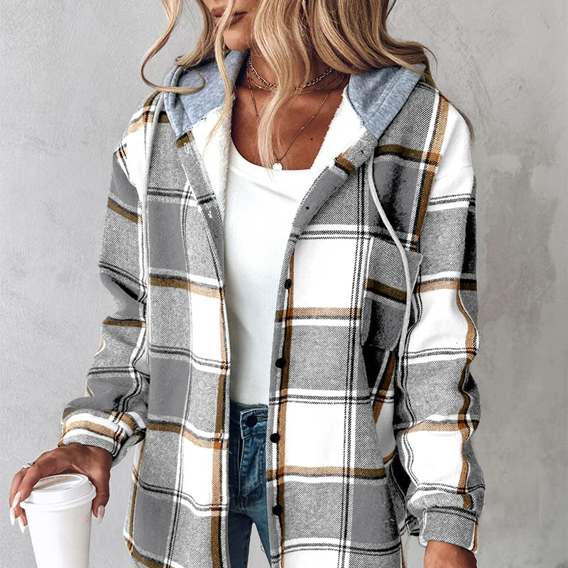 Plaid Hooded Jacket Fashion Casual Button Pocket Coat Autumn and Winter Women's Clothing