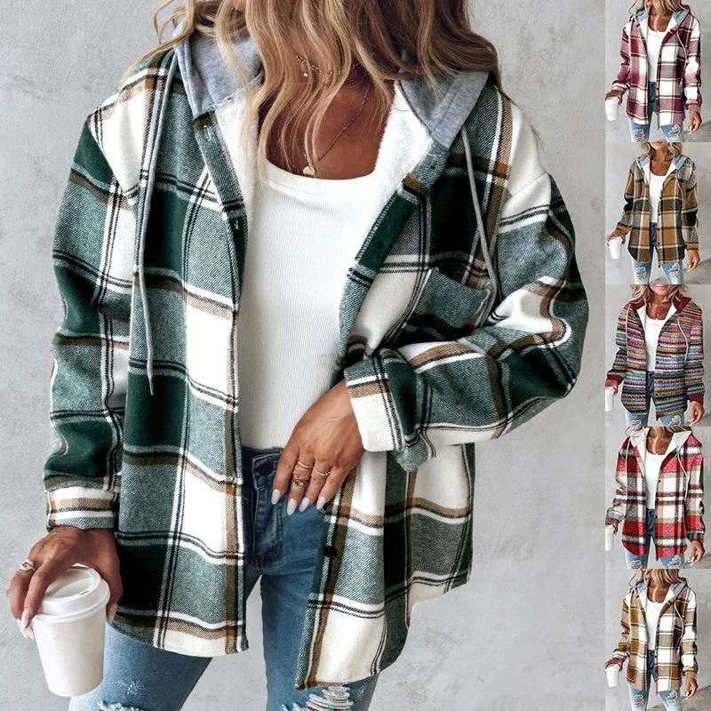 Plaid Hooded Jacket Fashion Casual Button Pocket Coat Autumn and Winter Women's Clothing