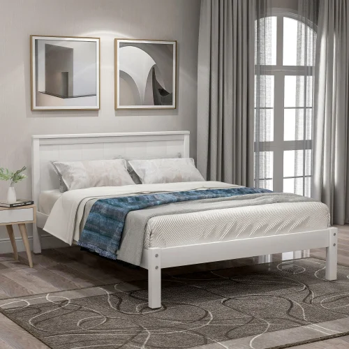 Platform Bed Frame with Headboard, Wood Slat Support, No Box Spring Needed,twin, White