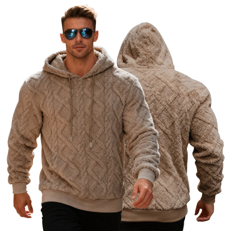 Fleece‑lined long‑sleeve hoodie for men, solid color, pullover style