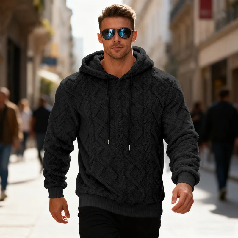 Fleece‑lined long‑sleeve hoodie for men, solid color, pullover style
