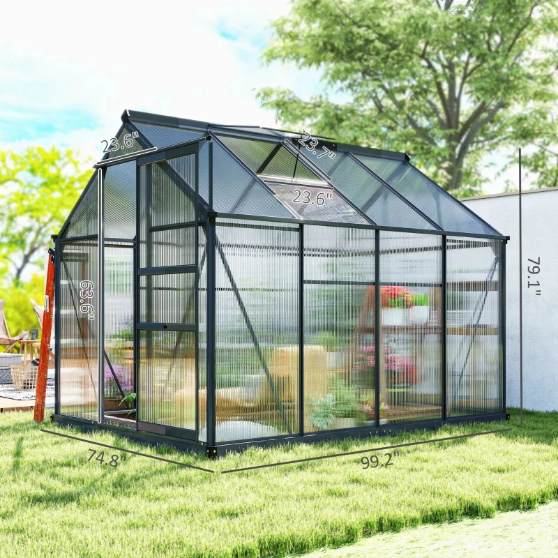 Polycarbonate greenhouse with sliding door, aluminum frame, 52 ft² walk‑in kit for outdoor plant protection