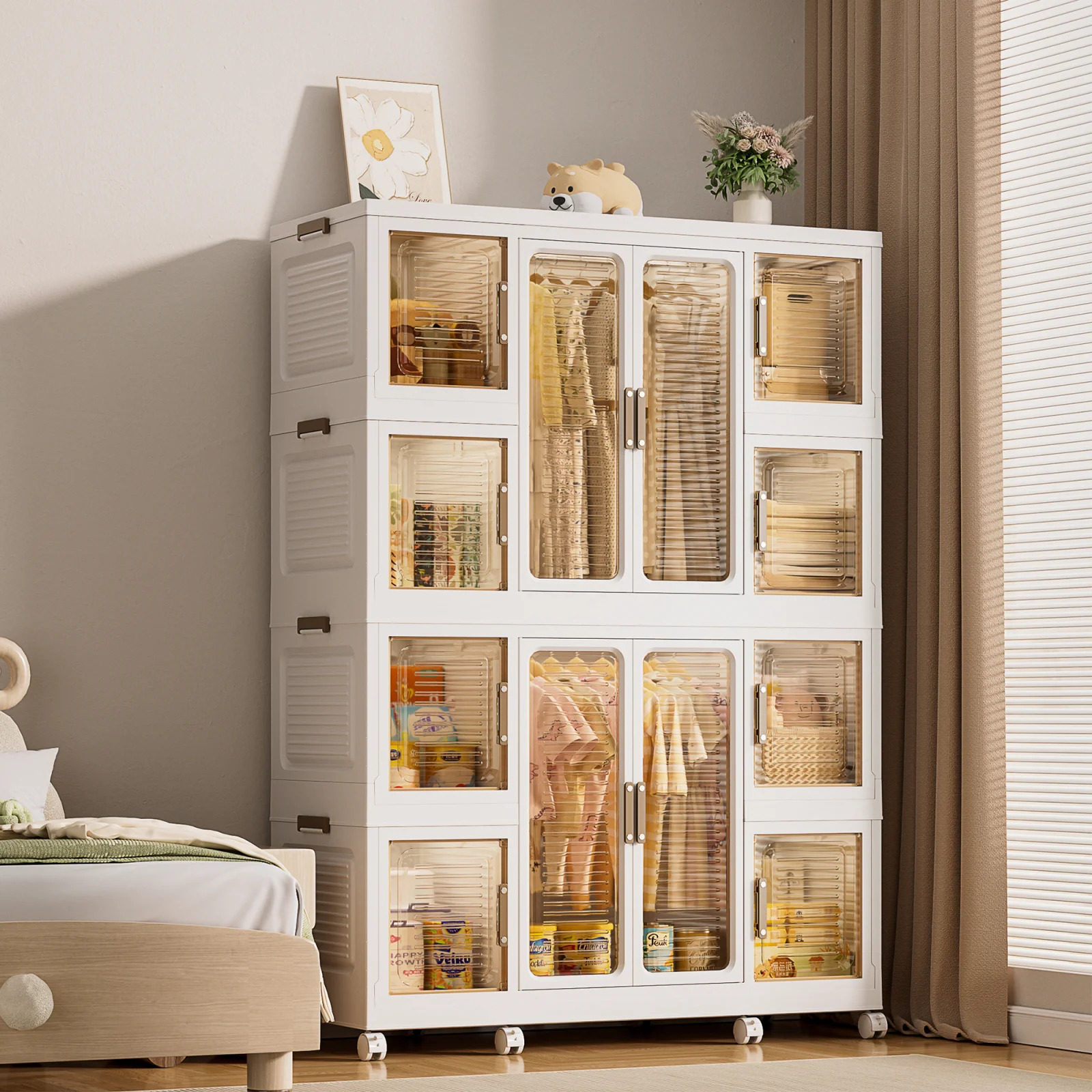 Portable Wardrobe Closet Storage Organizer for Clothes,clothes Dresser,12 Magnetic Doors-12 Cubes & 2 Hanging Rod,16 Pcs Hangers , Baby Wardrobe Storage Cabinet,white