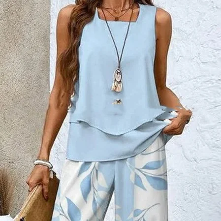 Print Suits Sleeveless Double-layer Vest and Loose Straight Pants Womens Clothing