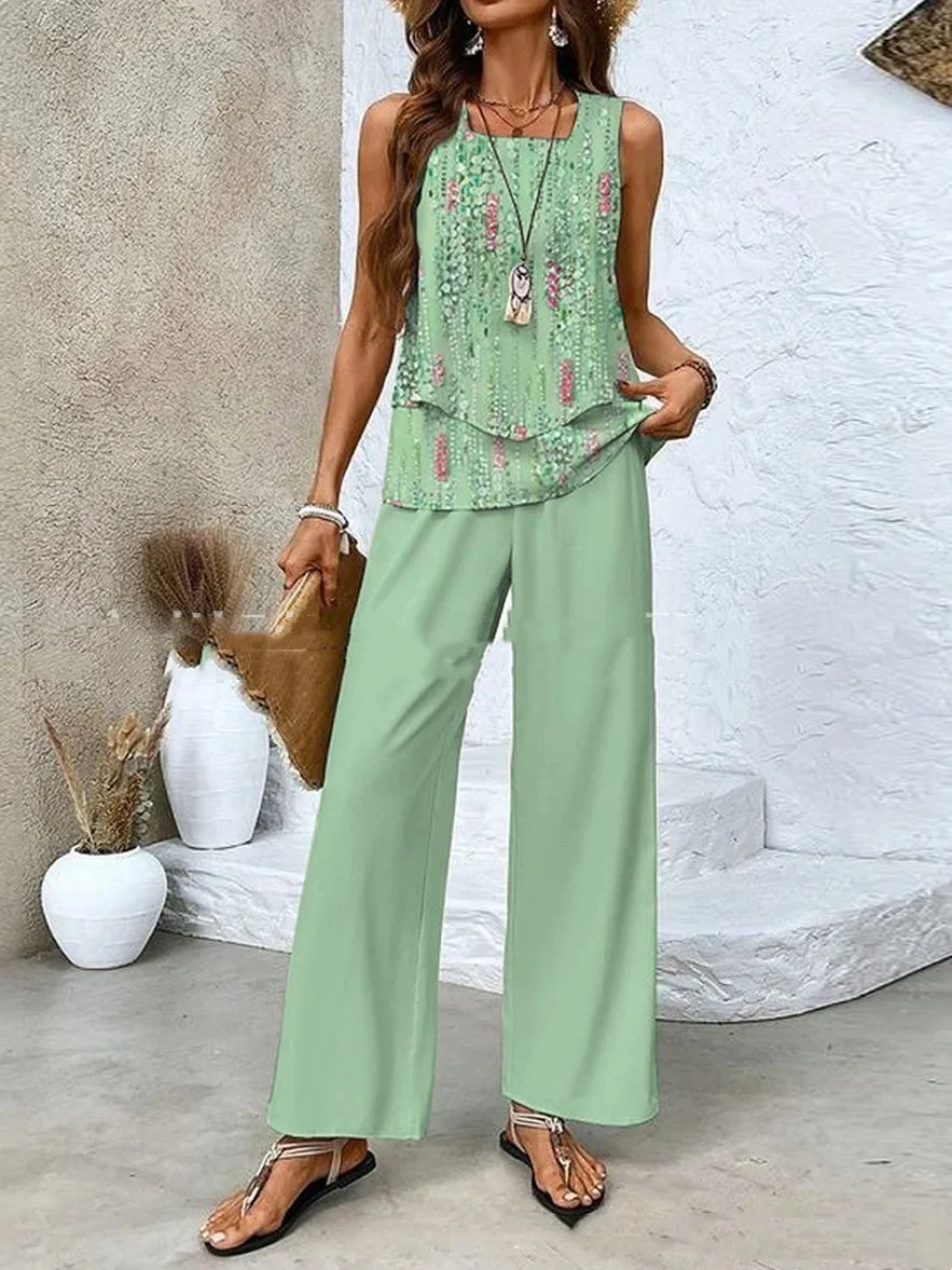 Print Suits Sleeveless Double-layer Vest and Loose Straight Pants Womens Clothing