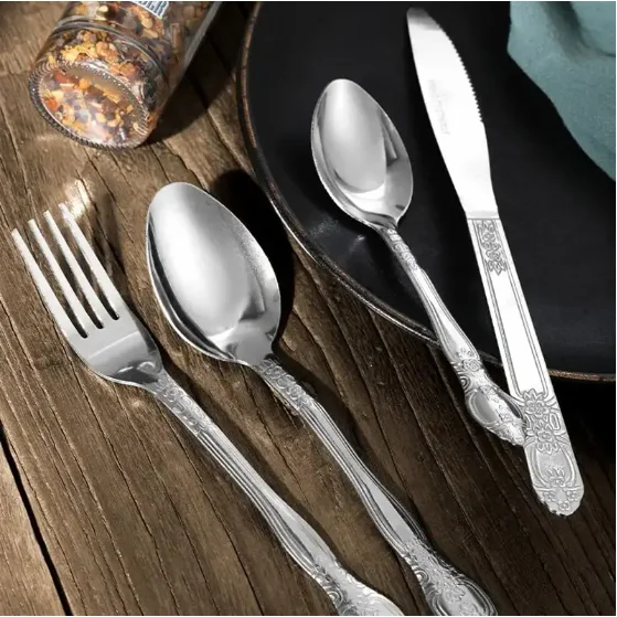 Product Name Deluxe Premium Cutlery Flatware Set for the Home Stainless Steel Cutlery Service with 1 Dinner Fork, 1 Dinner Knife, 1 Dinner Spoon and 1 Tea Spoon Durable, Elegant and Rust Resista