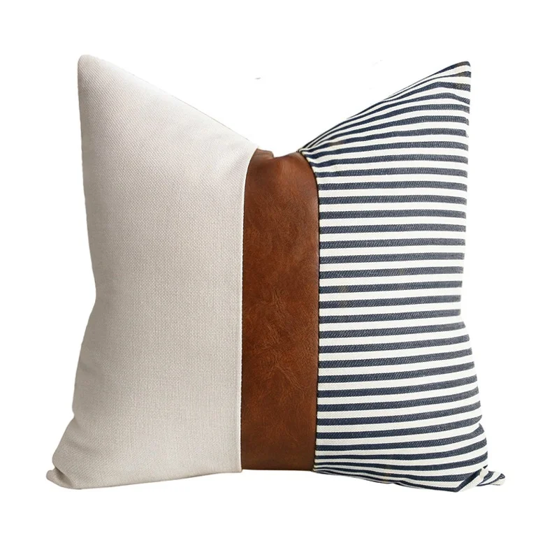 Pu Leather Stitching Canvas Stripe Pillowcase Sofa Car Cushion