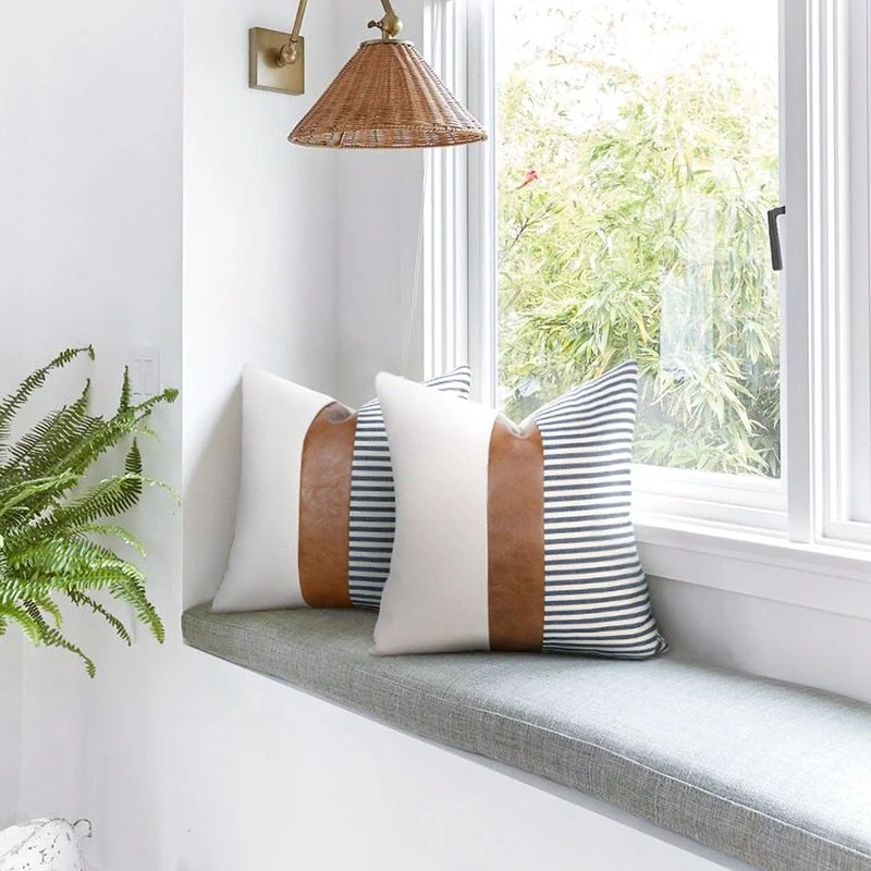Pu Leather Stitching Canvas Stripe Pillowcase Sofa Car Cushion
