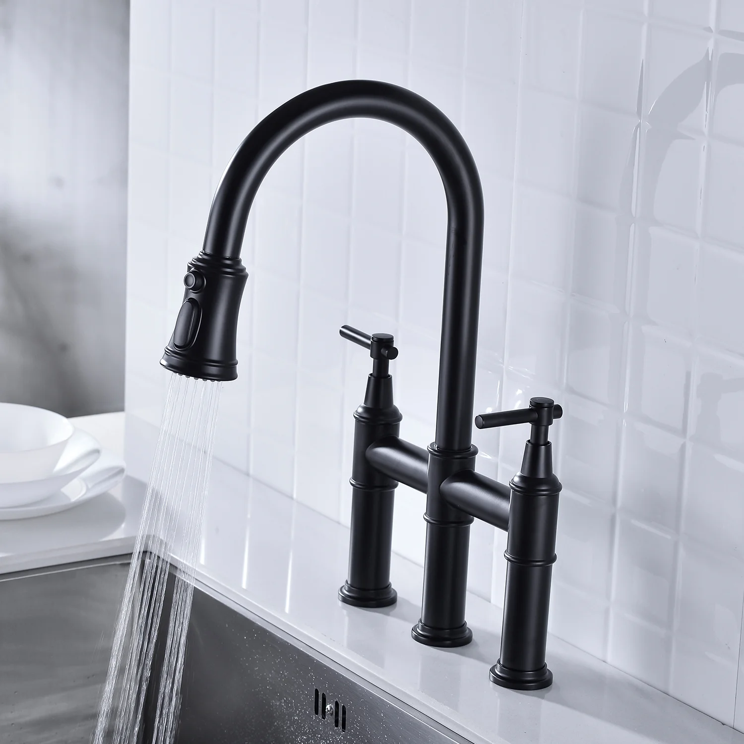 Pull Down Dual Handle Kitchen Faucet