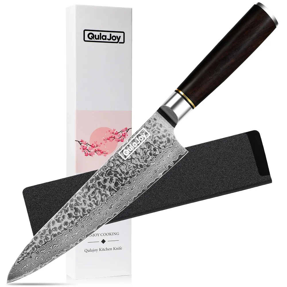 Qulajoy 7 Inch Santoku Knife- Ultra Sharp Japanese 67 Layers Damascus Vg-10 Steel Core - Professional Hammered Chef Knife - Ergonomic G10 Handle with Sheath