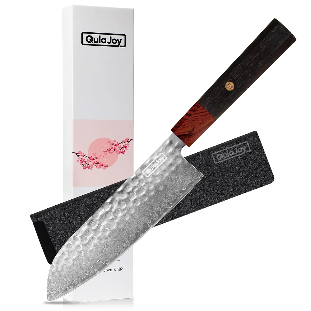 Qulajoy 8 Inch Chef Knife - Japanese Damascus Vg-10 Super Steel Hammered Kitchen Knife - African Rosewood Octagonal Handle with Sheath