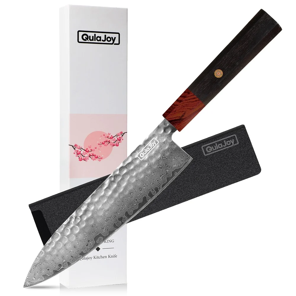 Qulajoy 8 Inch Chef Knife - Japanese Damascus Vg-10 Super Steel Hammered Kitchen Knife - African Rosewood Octagonal Handle with Sheath