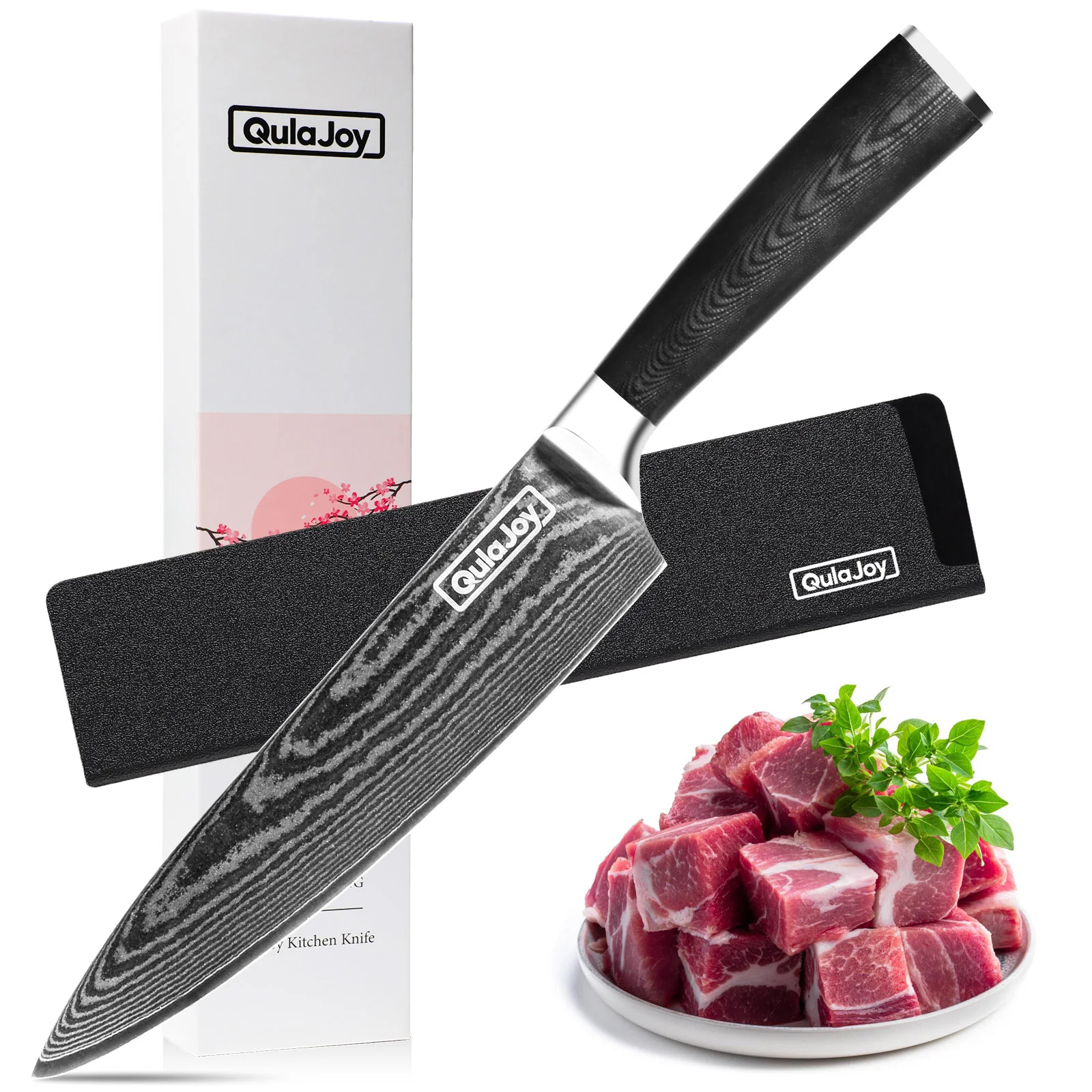 Qulajoy 8 Inch Chef Knife, Ultra Sharp Japanese Damascus Vg-10 Blade,professional Kitchen Knife with Ergonomic G10 Handle and Sheath