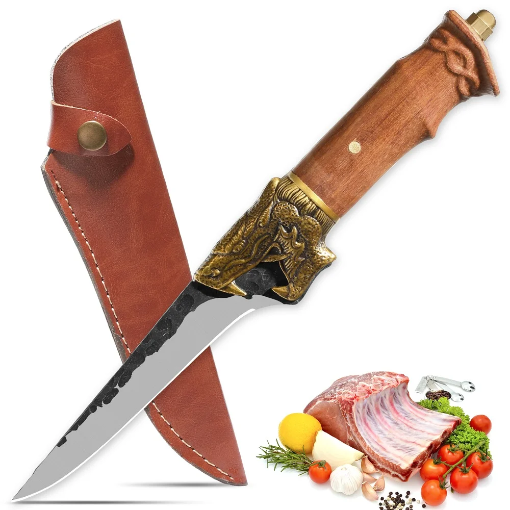 Qulajoy Boning Knife - Hand Forged Camping Knife 7cr17mov Blade - Dragon Head Handle and Leather Sheath - Unique Dragon Style - Viking Knife for Hunting & Camping