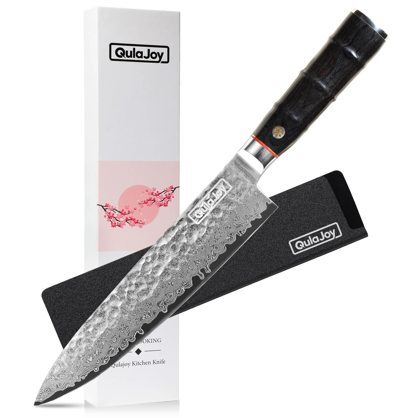 Qulajoy Japanese Chef Knife 8 Inch,67 Layers Damascus Vg-10 Steel Core,professional Hammered Kitchen Knife,handcrafted with Ergonomic Bamboo Shape Handle