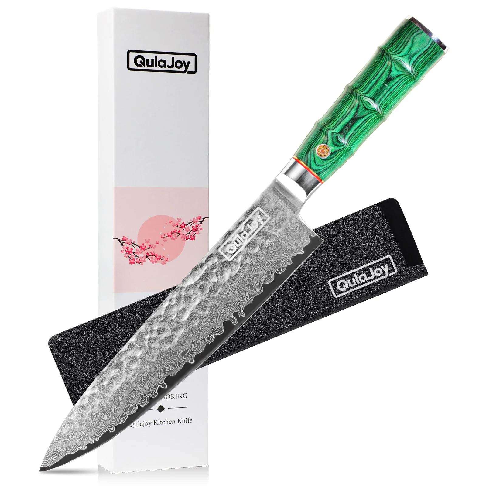 Qulajoy Japanese Chef Knife 8 Inch,67 Layers Damascus Vg-10 Steel Core,professional Hammered Kitchen Knife,handcrafted with Ergonomic Bamboo Shape Handle