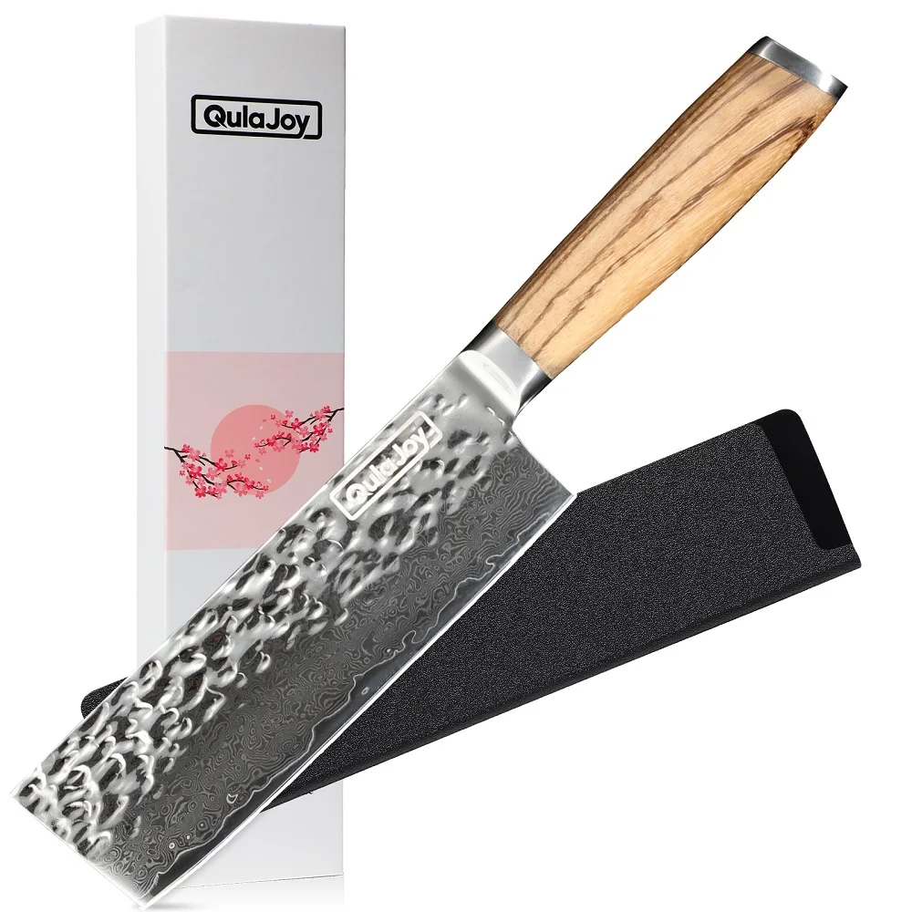 Qulajoy Nakiri Chef Knife 6.5 Inch - Professional Japanese 67 Layers Damascus Vg-10 Steel - Hammered Vegetable Cutting Knife - Zebrawood Handle with Sheath