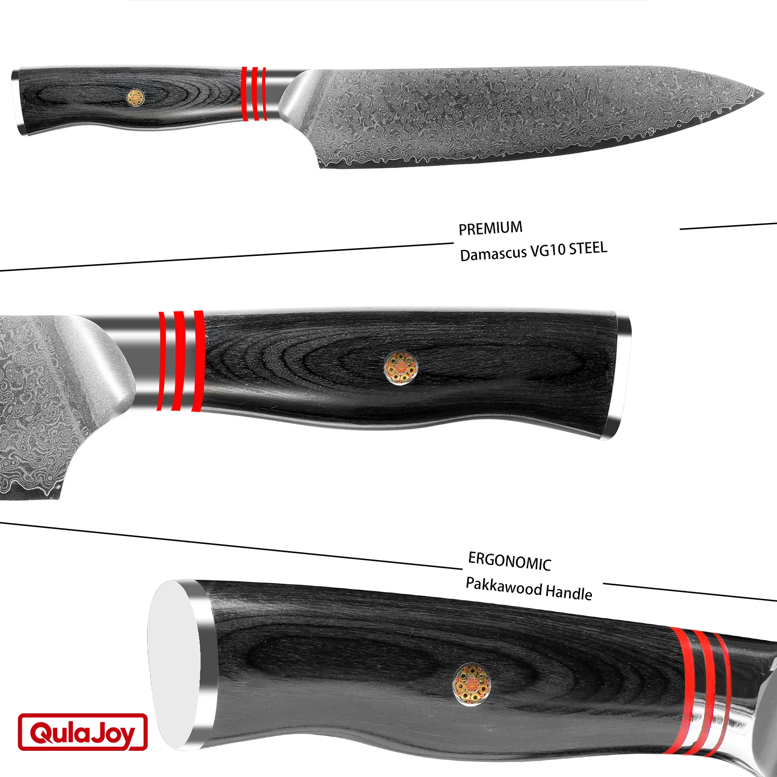 Qulajoy Vg10 Chef Knife, 67-layers Japanese Damascus Knife, 8 Inch Kitchen Knife with Ergonomic Handle, Razor Slicing Knife for Meat, Vegetable