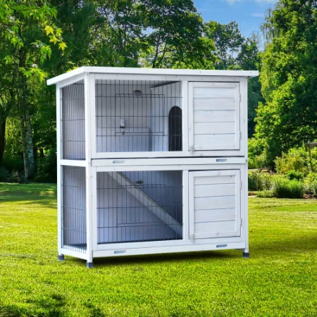 Rabbit Hutch Outdoor, 2-story Rabbit Cage Indoor with Run, Bunny Cage with 2 Removable No-leak Trays, Pet Cages with Non-slip Ramp, Waterproof Roof, Fence, for Small Animals