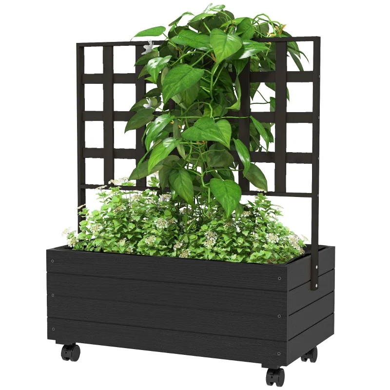 Raised Garden Bed with Trellis and Wheels, Outdoor Planter Wooden Elevated Garden Bed