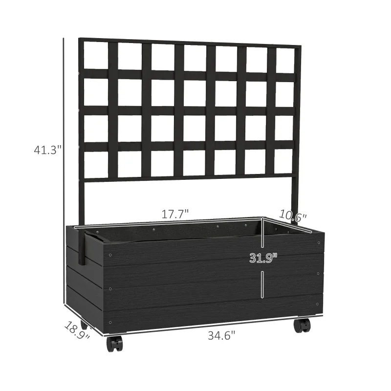 Raised garden bed with trellis and wheels – black fir wood elevated planter for patio or balcony