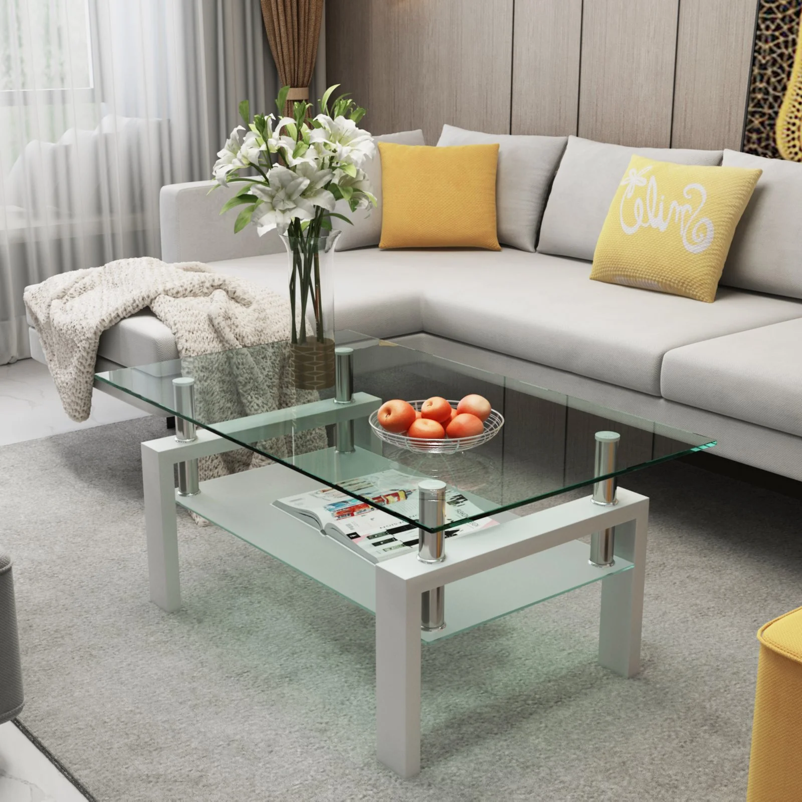 Rectangle Glass Coffee Table, Clear Coffee Table, Modern Side Center Tables for Living Room, Living Room Furniture