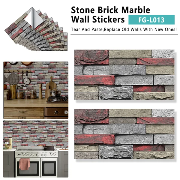 Red Stone Brick Marble Wall Sticker, Pvc Easy to Clean and Waterproof, for Kitchen and Bathroom Splashback Wal