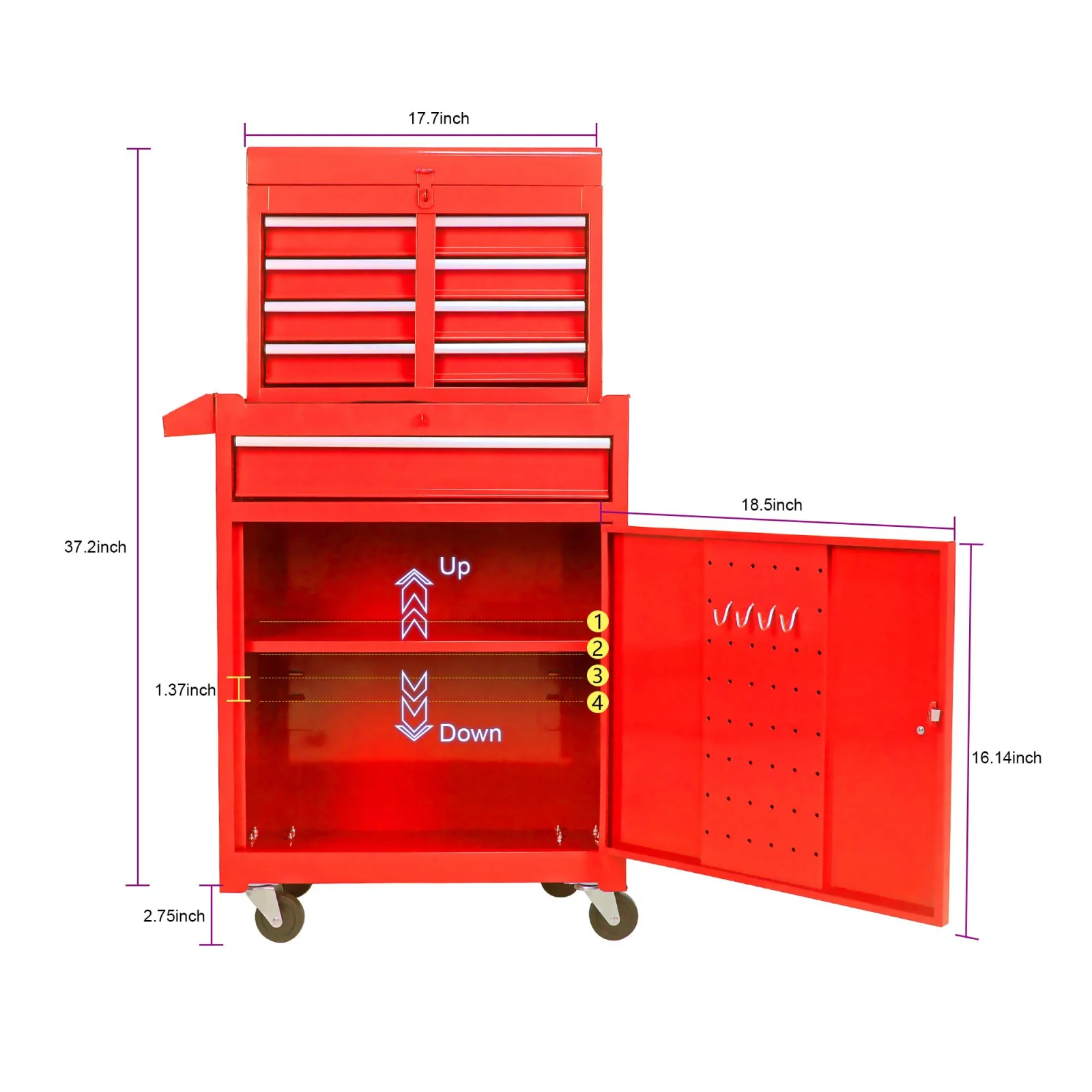 Red removable 5‑drawer metal toolbox with wheels – portable garage and workshop storage