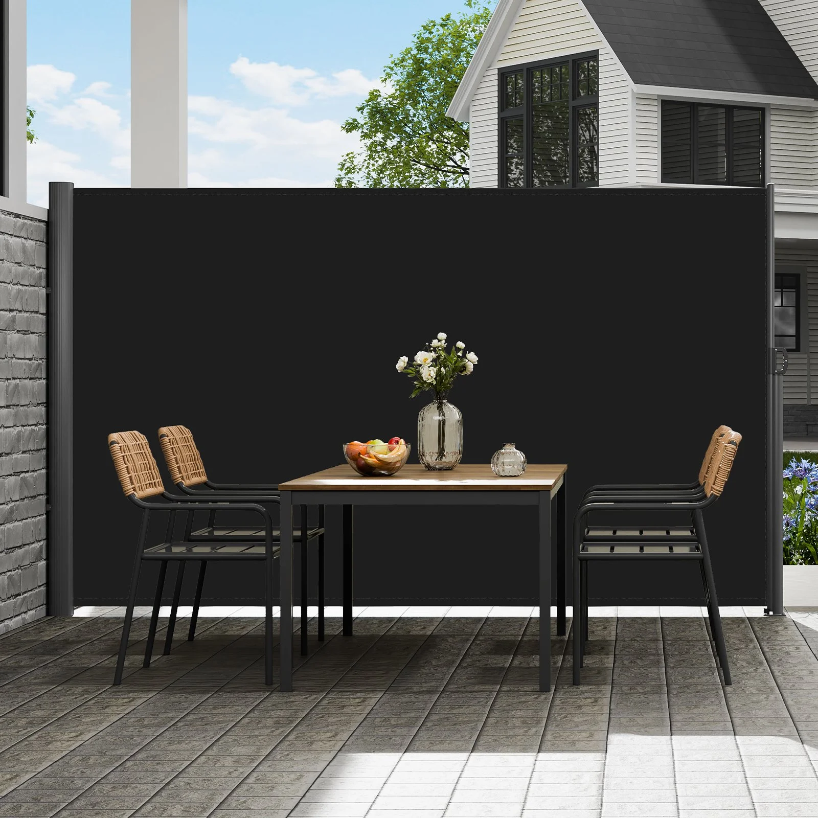 Black Retractable Side Awning 118x71 Inch, Waterproof Polyester Patio Screen
