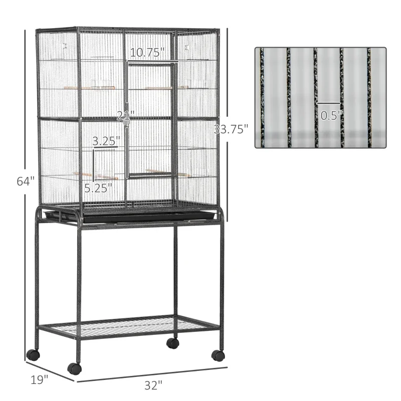 Rolling Metal Bird Cage Feeder with Detachable Rolling Stand, Storage Shelf, Wood Perch & Food Container