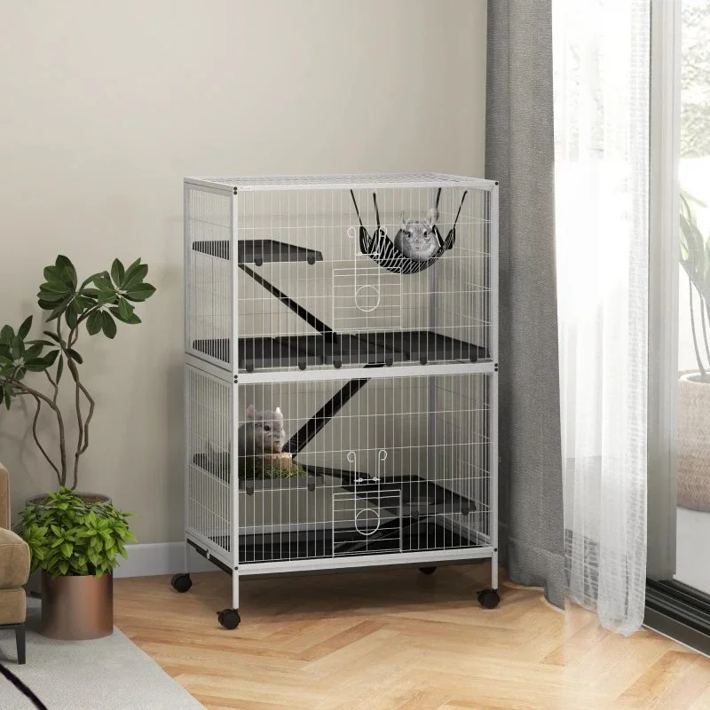 Rolling Small Animal Cage with Hammock, Ferret Cage, Chinchilla Cage, Pet Habitat, with 4 Doors, Removable Tray