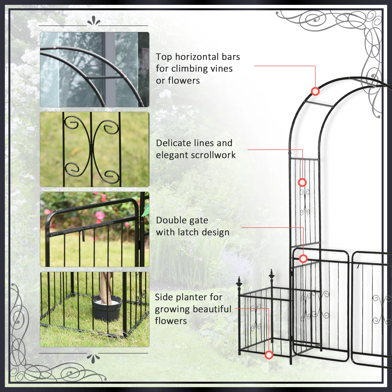 Romantic Archway 86 Metal Garden Arch with Planters for Climbing Vines, Black