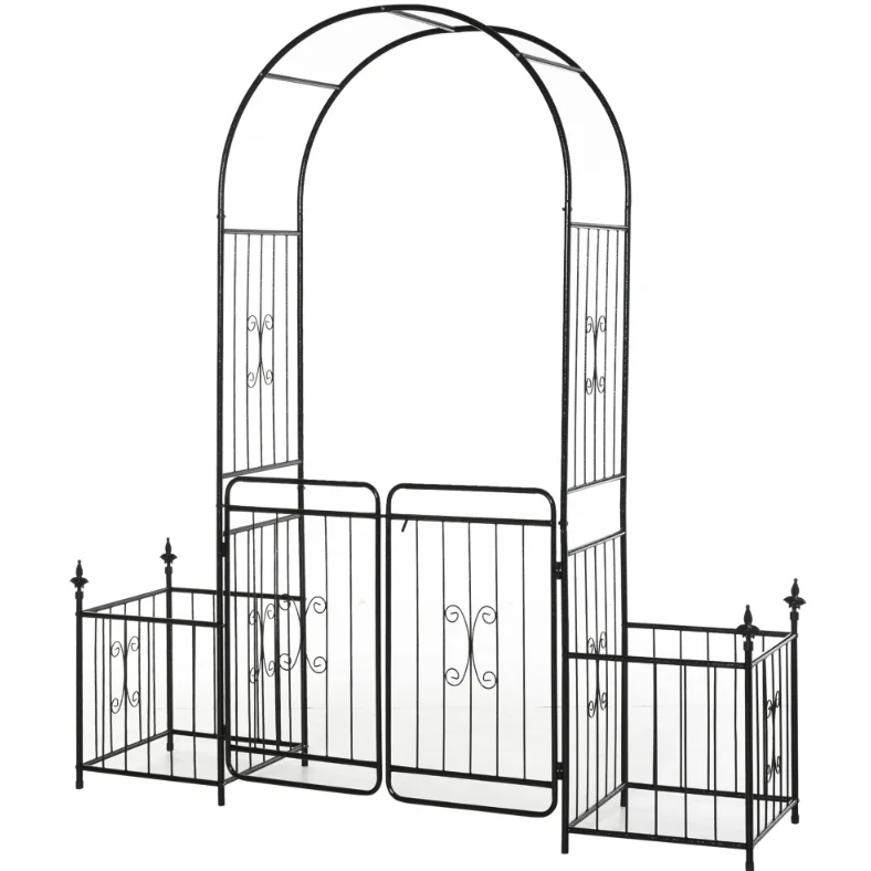 Romantic Archway 86 Metal Garden Arch with Planters for Climbing Vines, Black