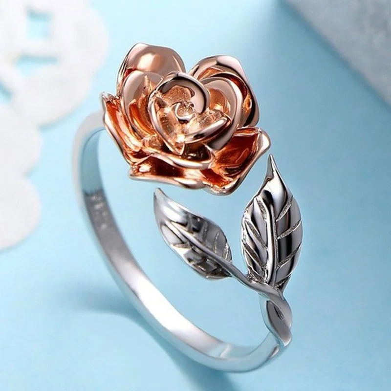 Adjustable Rose Ring with Double Color Plating, Copper Base and White Zircon Stones