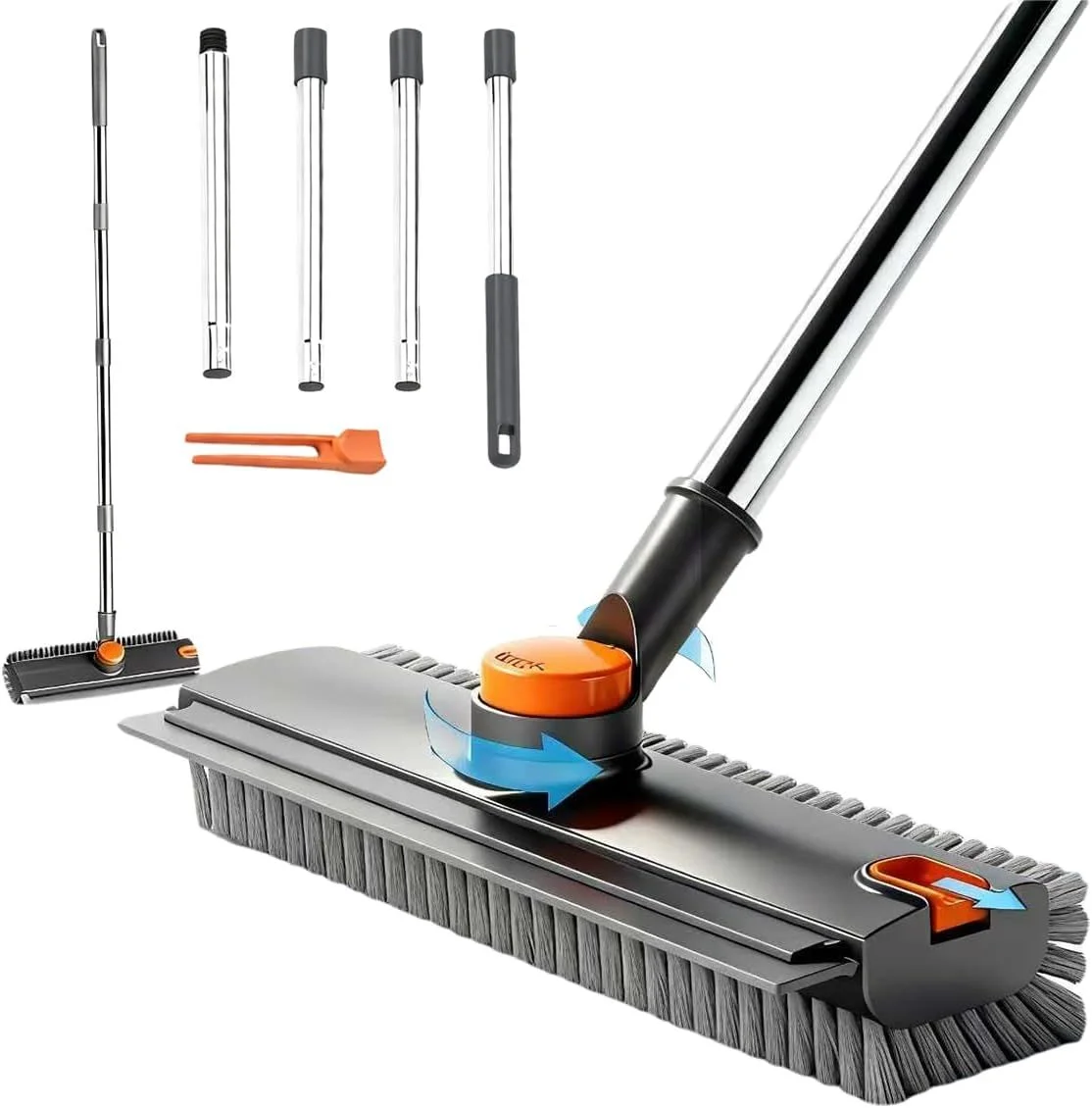 3-in-1 Floor Scrub Brush with Long Handle, Silicone Squeegee and Stiff Bristles for Tile and Glass