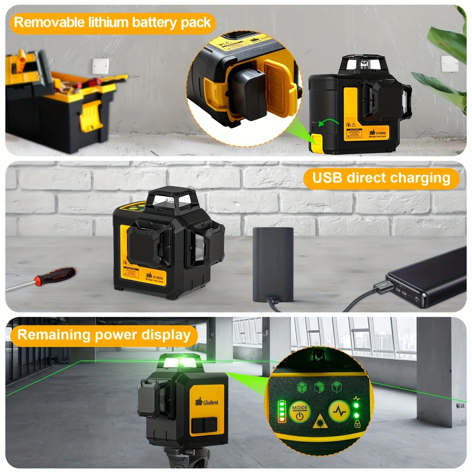 Self-leveling green-beam 3‑x‑360° line laser level with magnetic base and rechargeable battery
