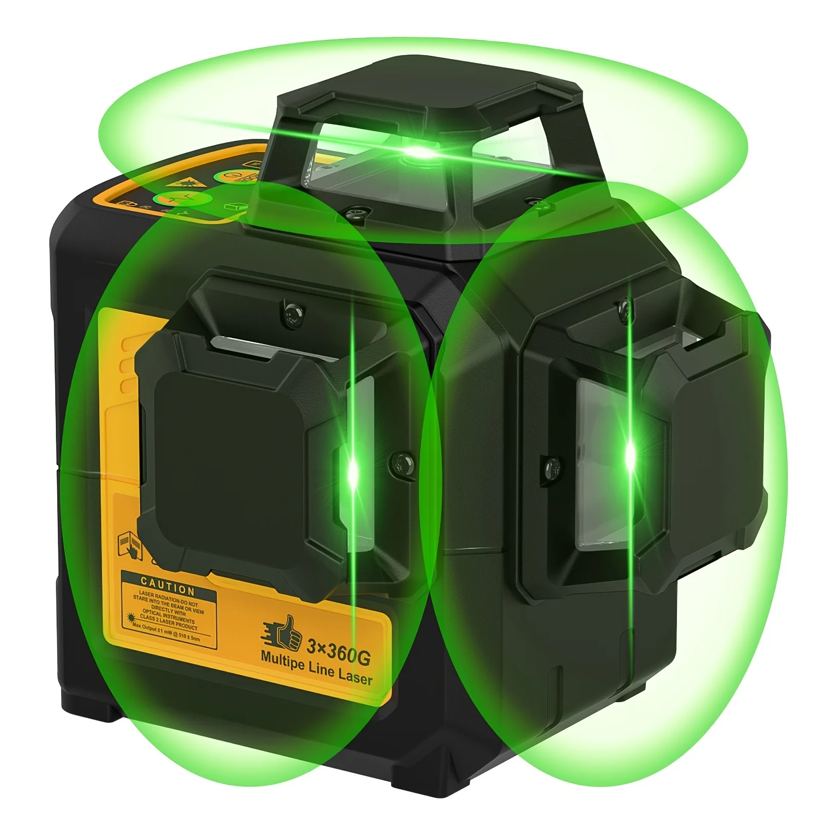 Self-leveling green-beam 3‑x‑360° line laser level with magnetic base and rechargeable battery