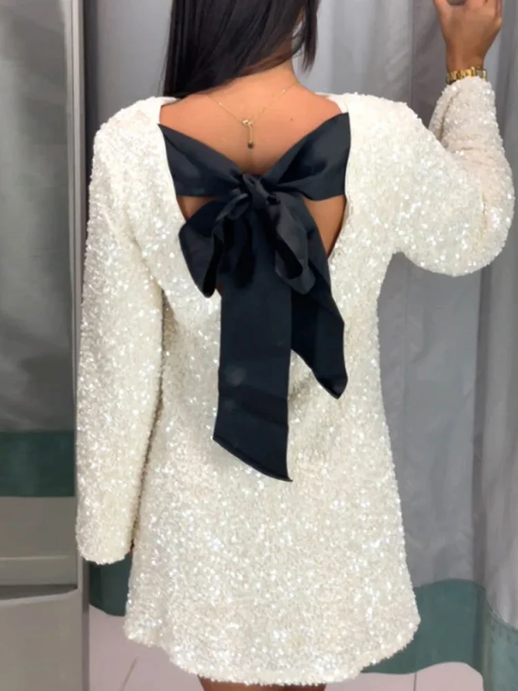 Sequined Back-bowed Dress Fashion Round Neck Long Sleeve Dresses for Party Daily Shopping Women