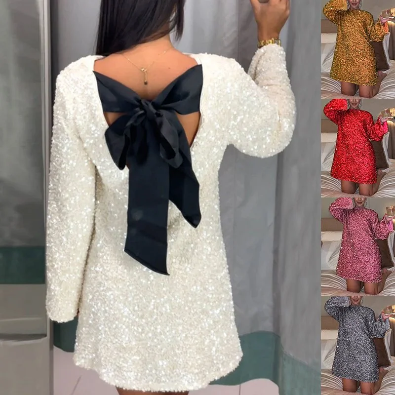 Sequined Back-bowed Dress Fashion Round Neck Long Sleeve Dresses for Party Daily Shopping Women