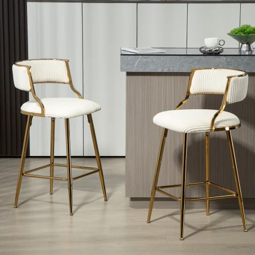 Set of 2,26 Counter Height Bar Stools Corduroy Kitchen Island Counter Bar Stool with Back,golden Chromed Base and Footrest