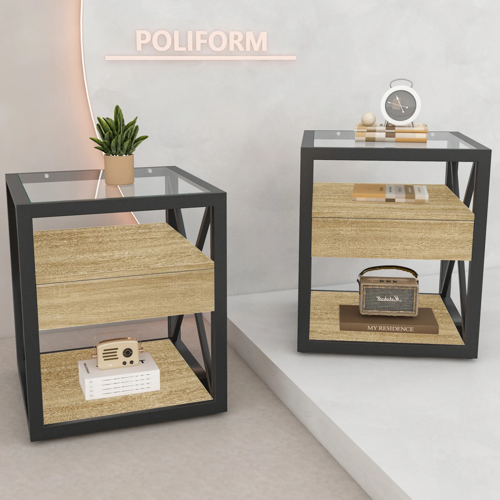 Set of 2 Modern End Table with Drawer - Nightstand for Bedroom & Living Room, Natural Wood Mdf & Tempered Glass Top, Industrial Style Side Table
