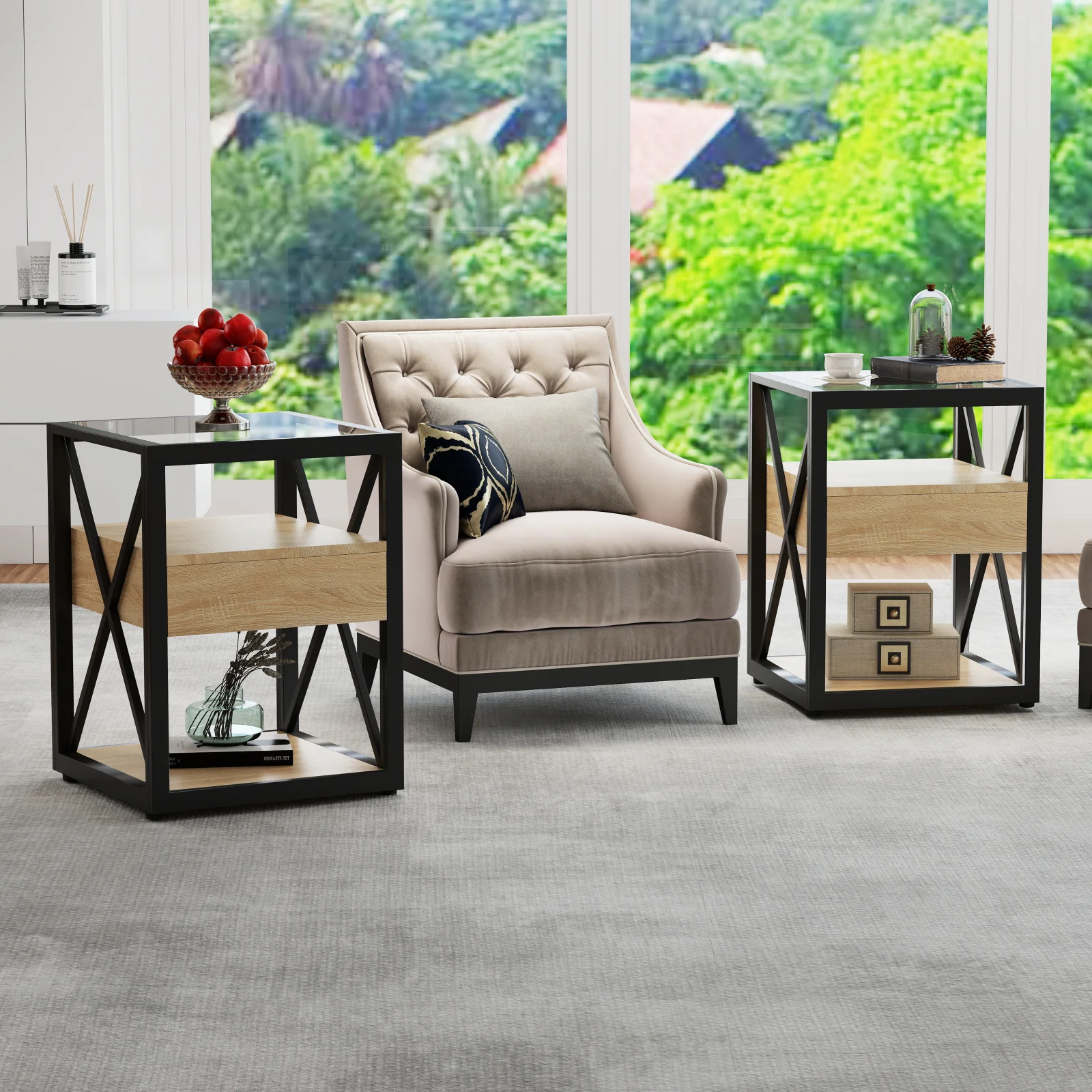 Set of 2 Modern End Table with Drawer - Nightstand for Bedroom & Living Room, Natural Wood Mdf & Tempered Glass Top, Industrial Style Side Table