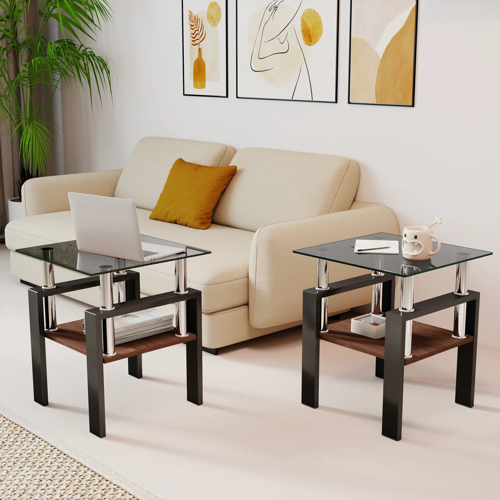 Set of 2 Modern Tempered Glass Tea Table ,tempered Glass Tabletop with Mdf Layer,coffee Table,end Table, Square Table for Living Room, Gray Black